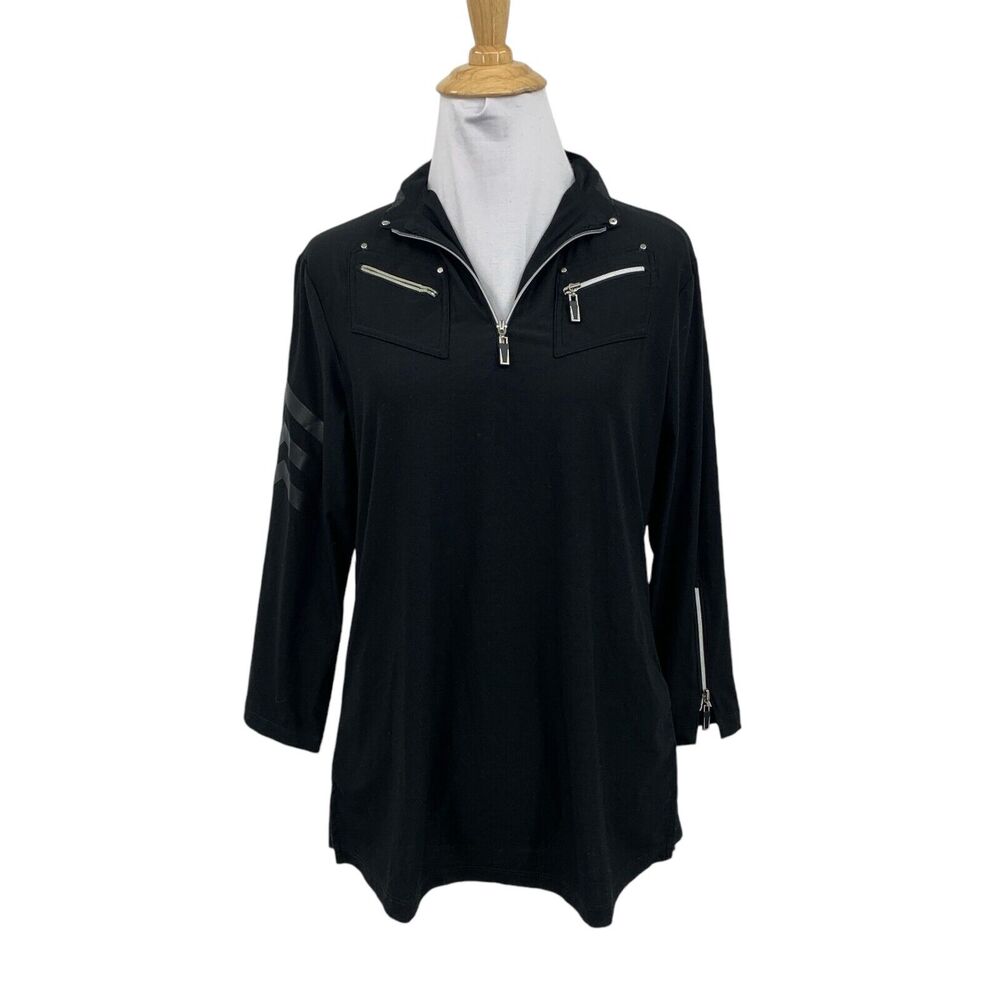 Jamie Sadock Shirt Womens S Small Black Faux Leather Details Golf Polo Top *READ
